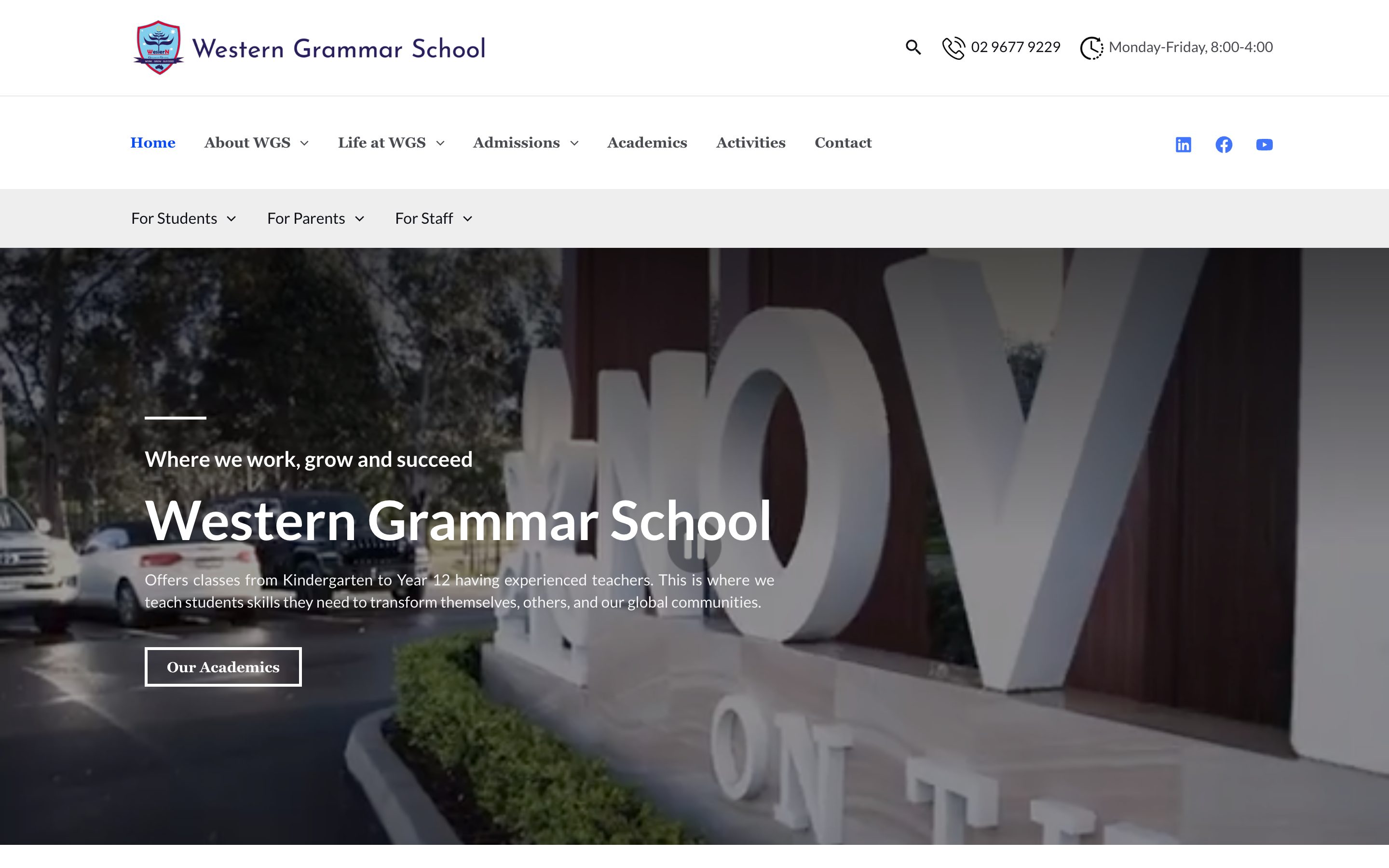 Screenshot of the Western Grammar School homepage.
