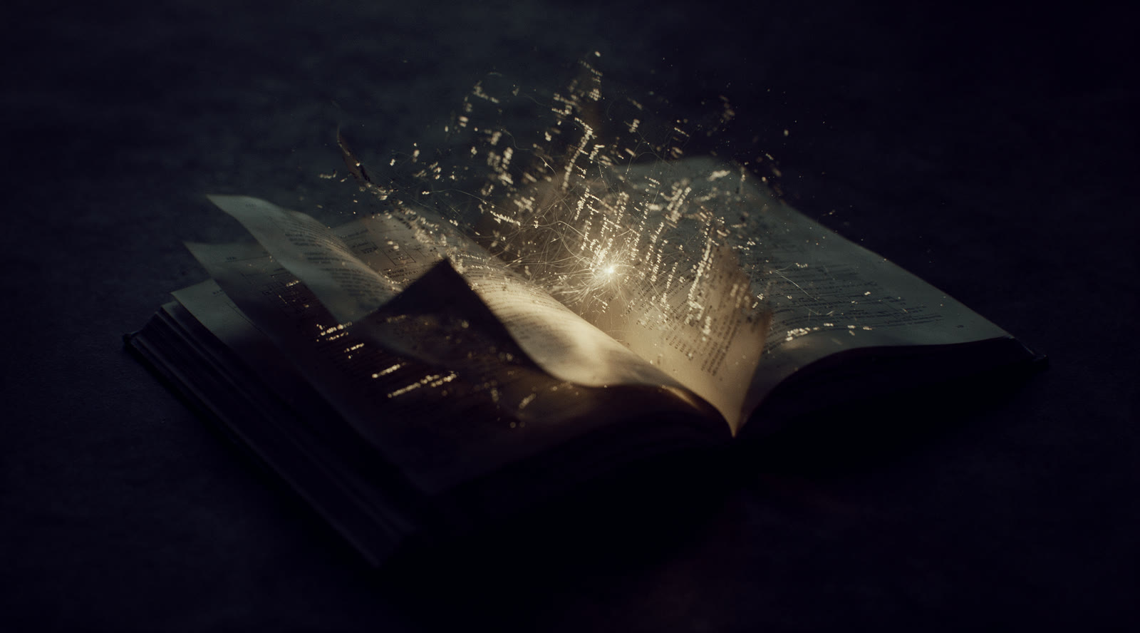 An open textbook in near-darkness, its pages dissolving into glowing fragments of retrieved text and fine light-threads converging on a single point.