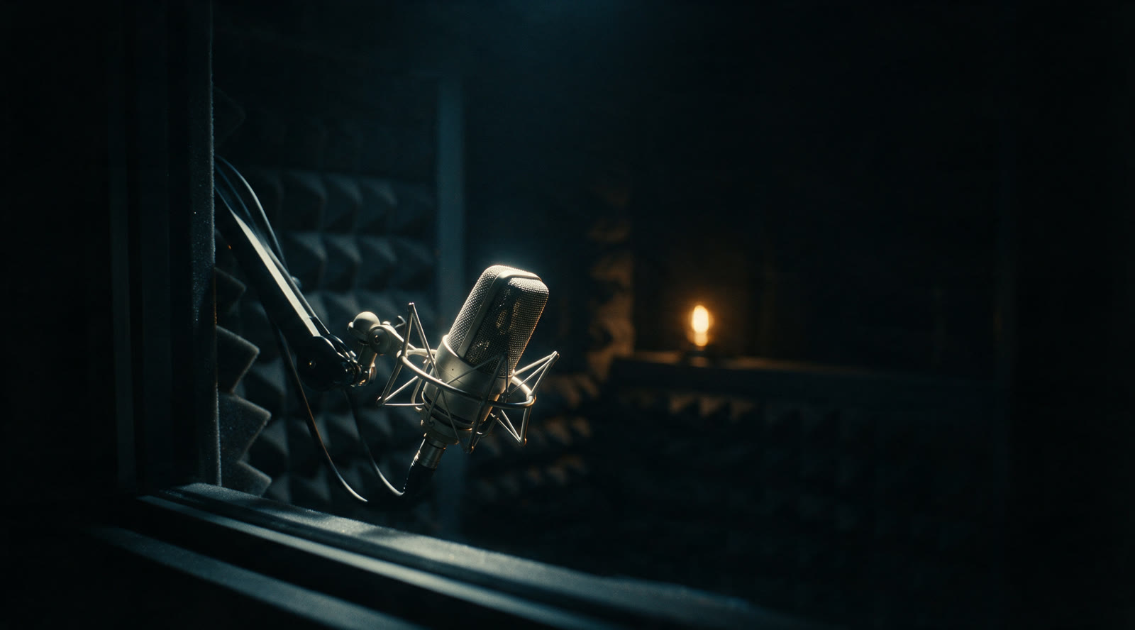 A studio microphone in a dark recording booth with one warm lamp behind it.